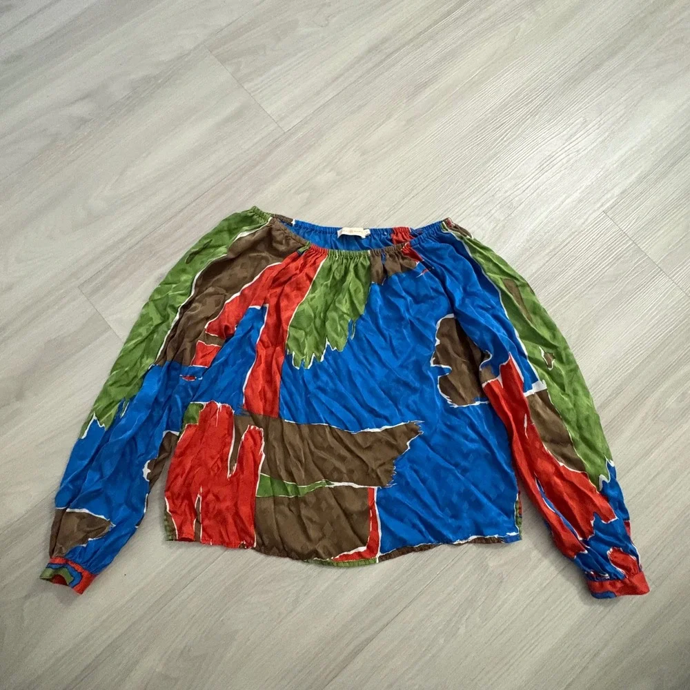 Tory Burch Blouse Women Abstract Geometric Silk Blue Red Green Long Sleeve Top 2